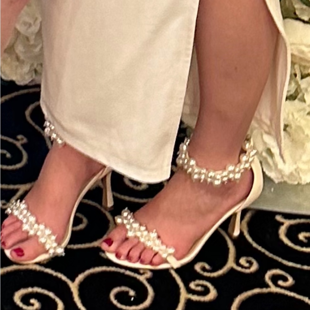 Chic Pearl-Embellished Nude Heels